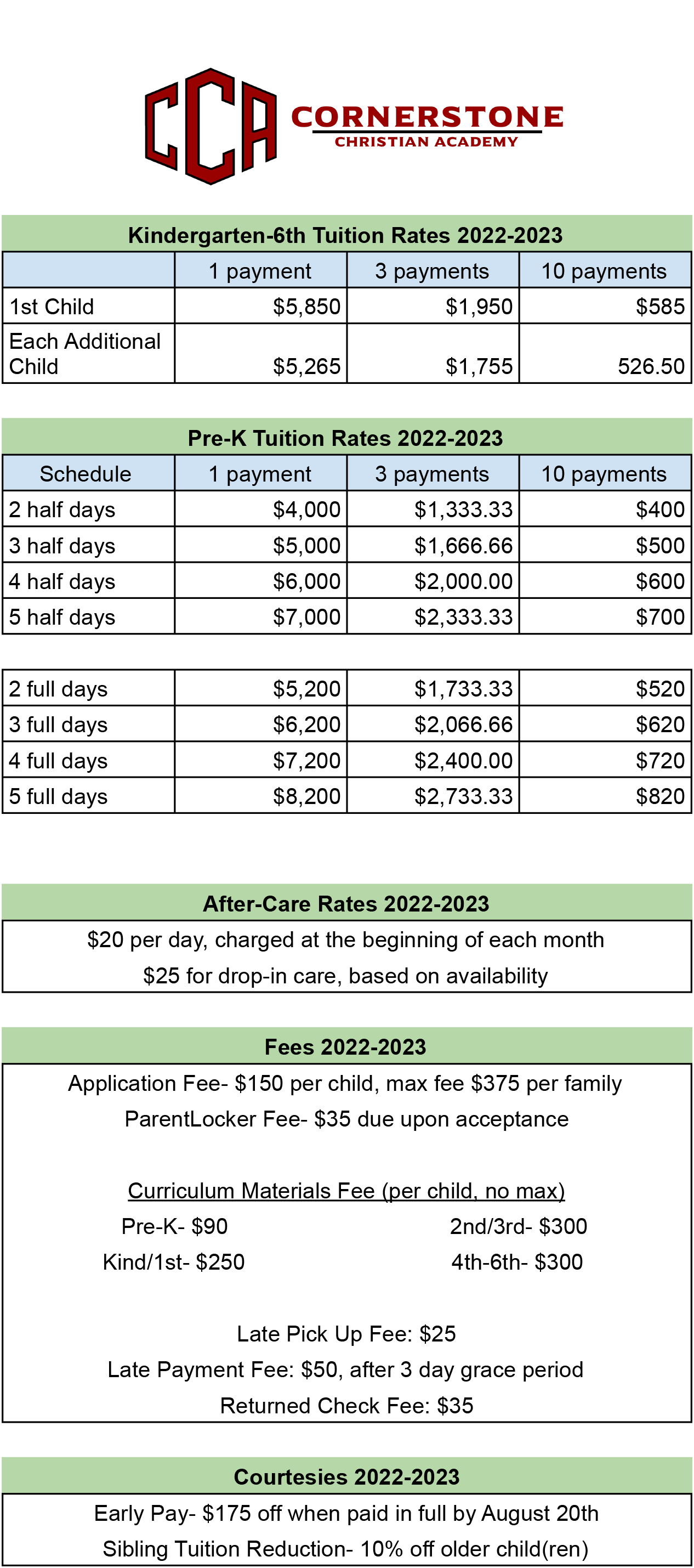 Tuition/Fees - Cornerstone Christian Academy